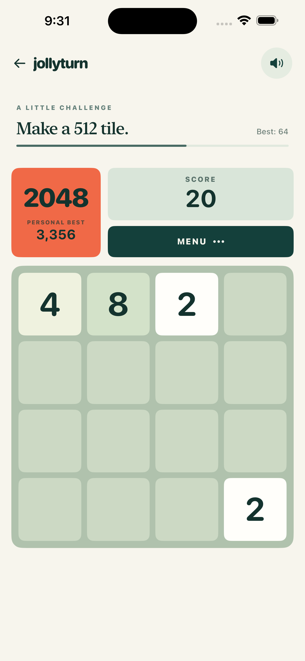 Jollyturn’s active 2048 board, score, and challenge