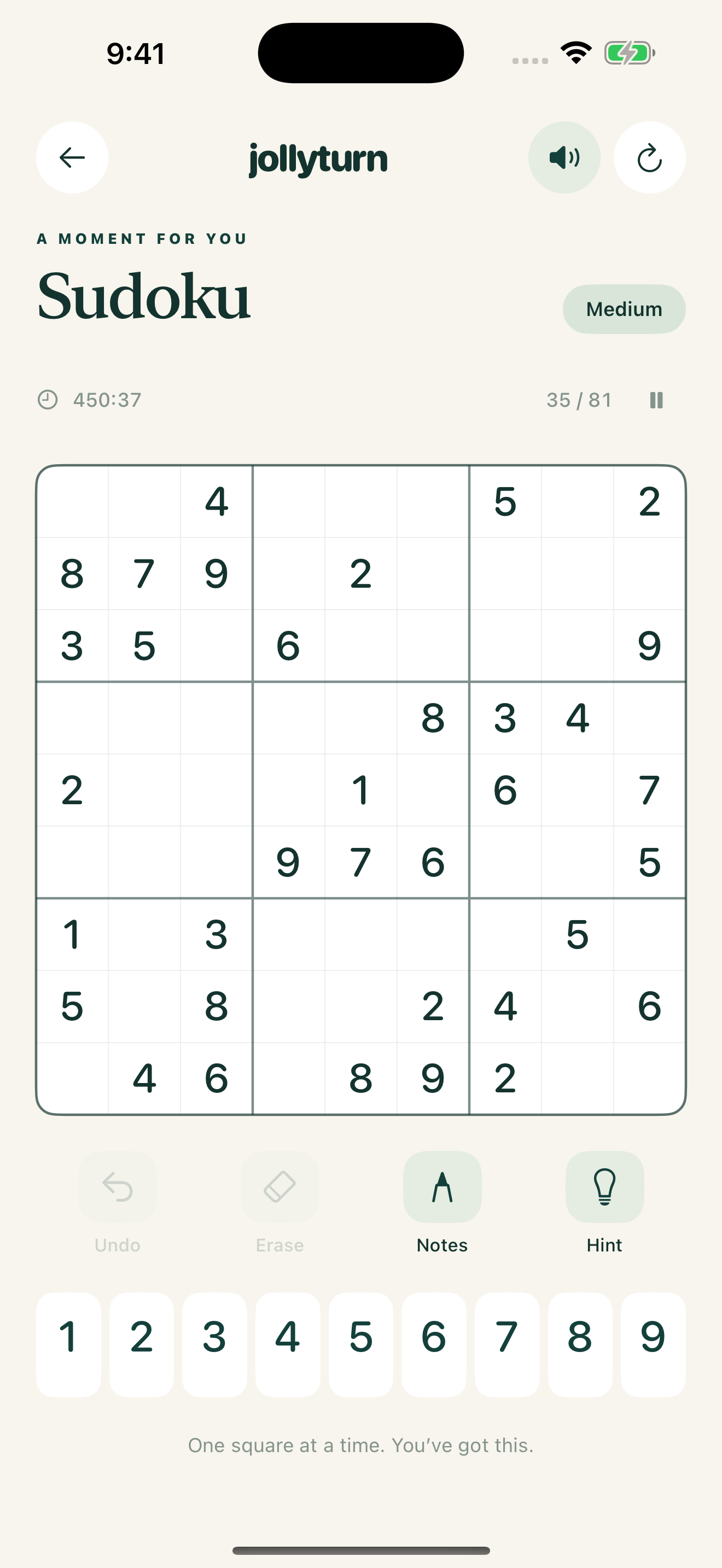 Jollyturn Sudoku with a nine-by-nine board, pencil notes, hints, and undo