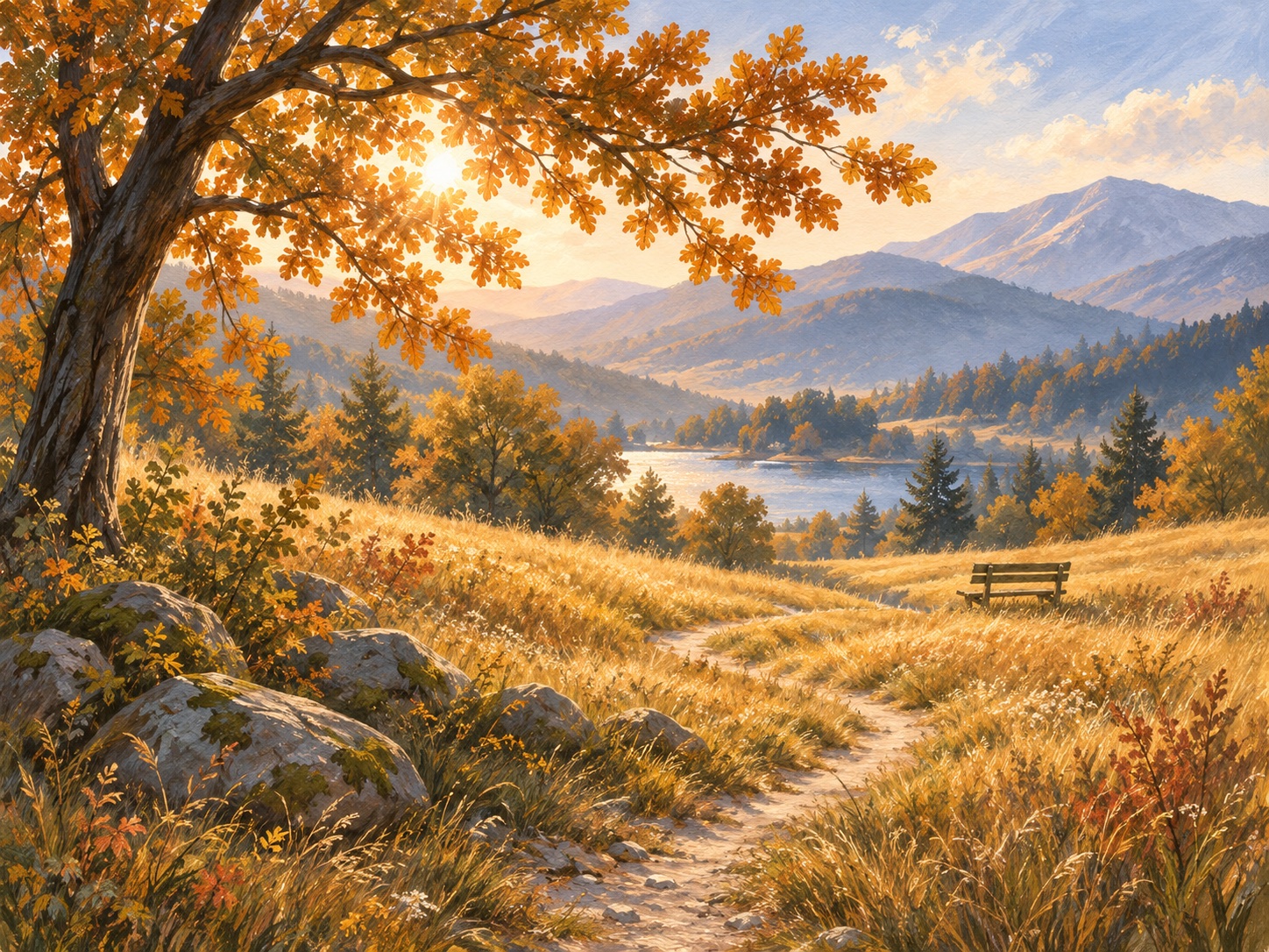 Golden oak leaves and a trail above an autumn lake
