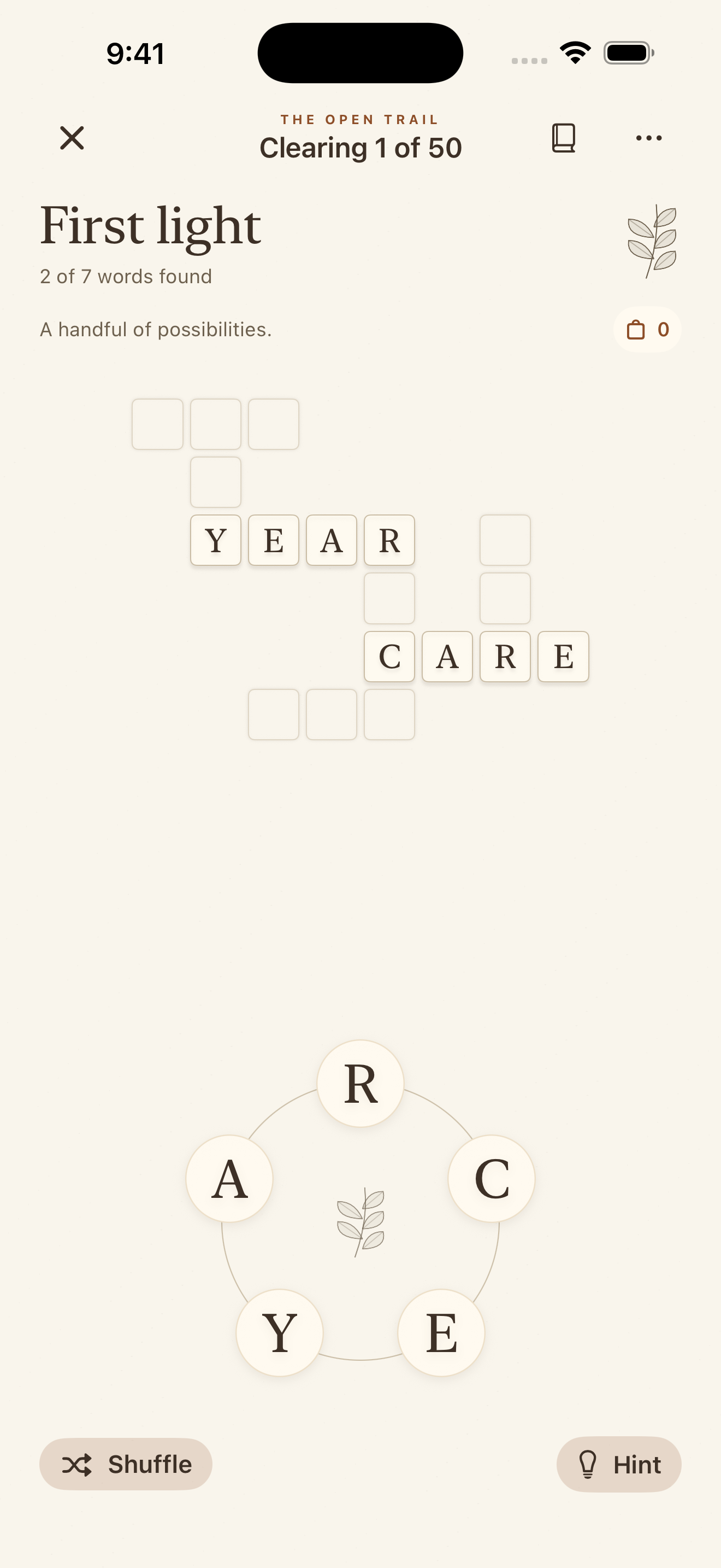 A real Wilderword crossword in progress, with CARE and YEAR found in a seven-word clearing